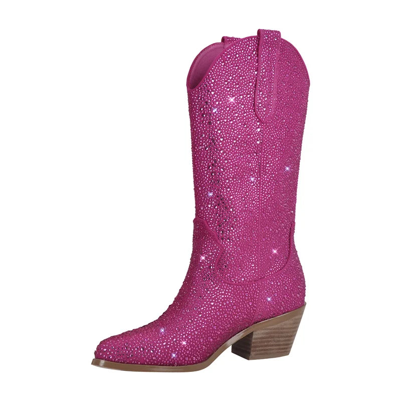 Bota Texana Feminina Rosa Com Brilho